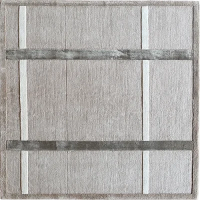 Luxury designer rug, square handmade silk-wool blend with minimalist stripes on beige.