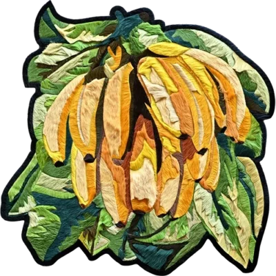Luxury custom rug design featuring embroidered yellow bananas and green leaves motif.