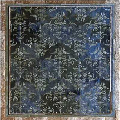 Boulle Hide 29148 luxury designer rug with blue and black damask floral pattern in a metallic frame.