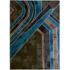 Custom Hide 15342 is a luxury designer rug with abstract geometric lines in blue, brown, and teal on a textured dark patchwork.