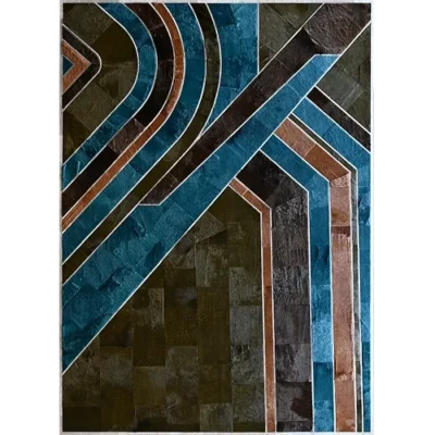 Custom Hide 15342 is a luxury designer rug with abstract geometric lines in blue, brown, and teal on a textured dark patchwork.