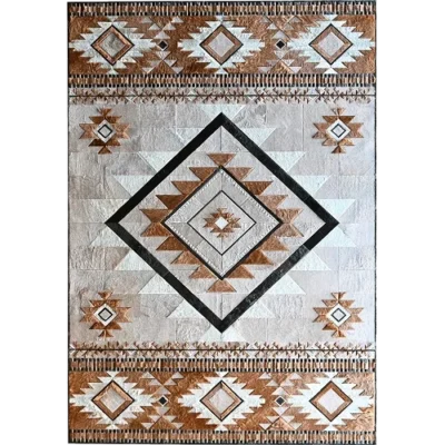 Luxury designer rug featuring a central diamond in brown, black, and white with star motifs.