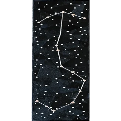 Luxury designer rug featuring the Virgo constellation in white on a dark high-end hide.