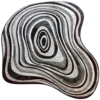 Luxury custom hide rug with abstract concentric oval rings in black, gray, and brown.