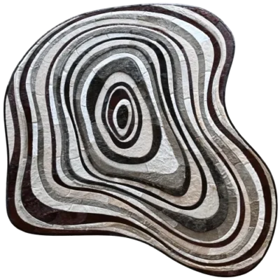 Luxury custom hide rug with abstract concentric oval rings in black, gray, and brown.