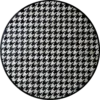 Luxury designer round rug in black and white houndstooth, handmade hide style.