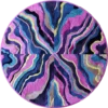 Circular designer rug with wavy layers in luxe hues, evoking handmade hide or silk rug artistry.