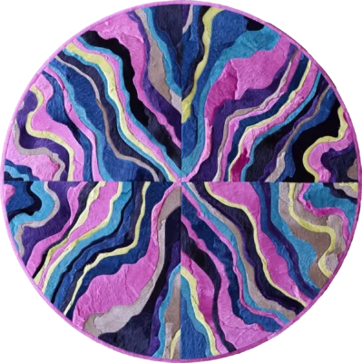Circular designer rug with wavy layers in luxe hues, evoking handmade hide or silk rug artistry.