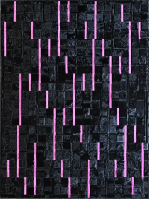 Luxury designer rug with a grid of black textured squares and vertical pink lines.