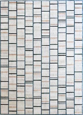 Boardwalk Hide 15546 features luxury designer hide rug tiles in a grid, with white, beige, and black streaks and thin dark grout lines.