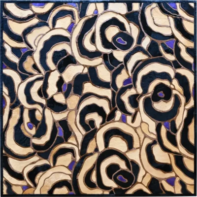 Designer rug with swirling black, beige, and purple pattern reminiscent of luxury handmade hide rugs.