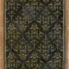 Luxury designer rug with ornate gold and green damask, bordered by tan stone tile motif.