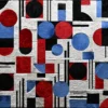 Luxury designer rug with a geometric grid pattern in red, blue, black, and white shapes.