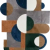 Geometric abstract designer rug in brown, gray, blue, and green—luxury handmade hide rug.