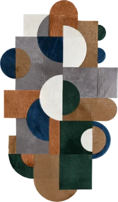 Geometric abstract designer rug in brown, gray, blue, and green—luxury handmade hide rug.
