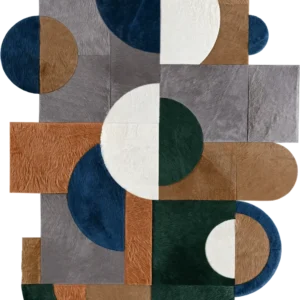 Geometric abstract designer rug in brown, gray, blue, and green—luxury handmade hide rug.