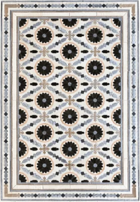 Aubusson Hide 15998 is a luxury designer handmade hide rug with a floral mosaic in black, tan, and gray.
