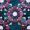Symmetrical geometric pattern in blue, pink, yellow luxury designer handmade hide rug.