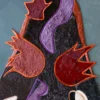 Luxury designer rug with abstract flame and leaf shapes in silk and wool on dark ground.