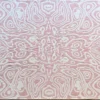 Symmetrical, wavy pink and white lines form an abstract luxury custom designer rug pattern.