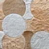 Luxury designer rug featuring overlapping circular patches of white, beige, and tan faux fur in a high-end custom pattern.