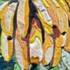 Close-up of a luxury designer rug with abstract banana shapes in high-end custom hide.