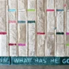 Luxury designer rug features textured beige panels, colored accents, and a teal border with text.