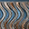 Luxury designer rug with fur-like texture, blue, brown, and beige waves; handmade hide rug.