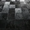 A checkered floor of luxury custom hide tiles in a grid, echoing high-end designer rugs.