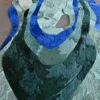Luxury custom rug with layered contour shapes in blue, gray, green, and beige tones.