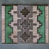 Luxury designer handmade hide rug, rectangular with gray, beige, and green geometric patterns.