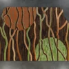 Luxury custom wool rug features wood grain design, orange and green circles, gray base.