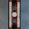 Atlas Hide 15902 luxury handmade hide rug features red, brown, and black geometric art with central circles.