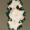 Symmetrical white floral designer rug on taupe, inspired by high-end luxury custom rugs.