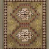 Luxury designer rug with geometric diamonds, red and green accents, handmade hide on beige.