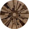 Luxury designer rug with abstract circular interlocking shapes in brown and beige hide.