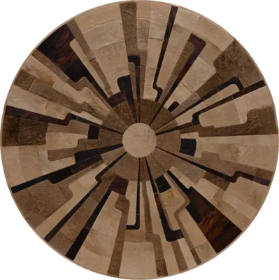 Luxury designer rug with abstract circular interlocking shapes in brown and beige hide.