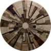 A round luxury designer rug with radiating brown and beige segments in a high end geometric pattern.