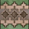 Luxury designer rug with green, beige, and brown geometric zigzag pattern inspired by high end handmade hide rugs.