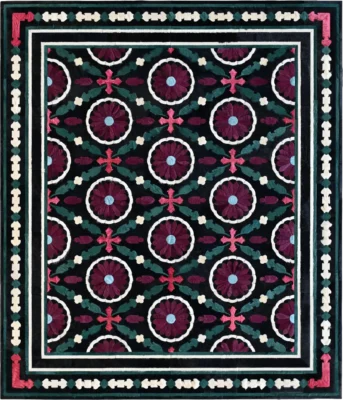 Luxury designer rug tile with maroon floral pattern, green leaves, black ground, Aubusson-inspired handmade hide rug border.