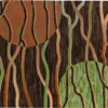 Designer rug with wavy brown lines, orange and green circles, luxury high-end quality.