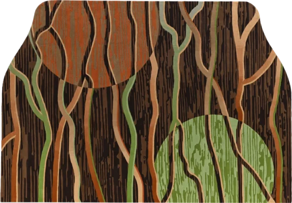 Designer rug with wavy brown lines, orange and green circles, luxury high-end quality.