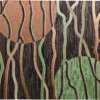 Luxury custom wool rug with wavy earth-tone lines, orange and green circles, designer high end style.