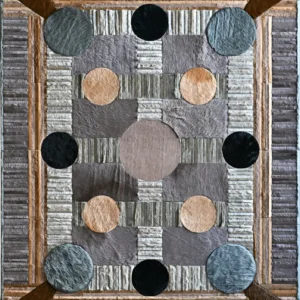 Luxury designer rug with geometric rectangles, circles, and textured handmade hide in gray, brown, and beige.