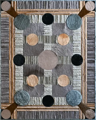 Luxury designer rug with geometric rectangles, circles, and textured handmade hide in gray, brown, and beige.