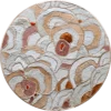 Luxury designer rug with layered organic shapes in white, beige, pink, and orange.