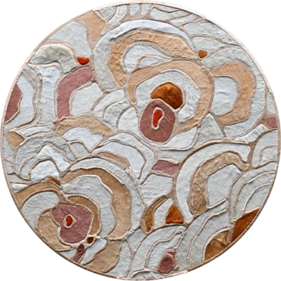 Luxury designer rug with layered organic shapes in white, beige, pink, and orange.