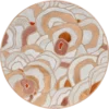 Bloom Hide 16038 is a circular designer rug with layered organic shapes in beige, tan, rust, and white.