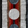 Luxury designer rug features five textured circles on an Atlas Hide 15902 handmade hide rug.