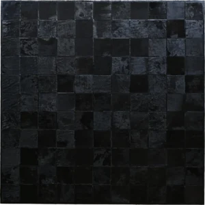 Glossy black handmade hide rug tiles, Promenade Hide 30151, in a luxury designer grid pattern.